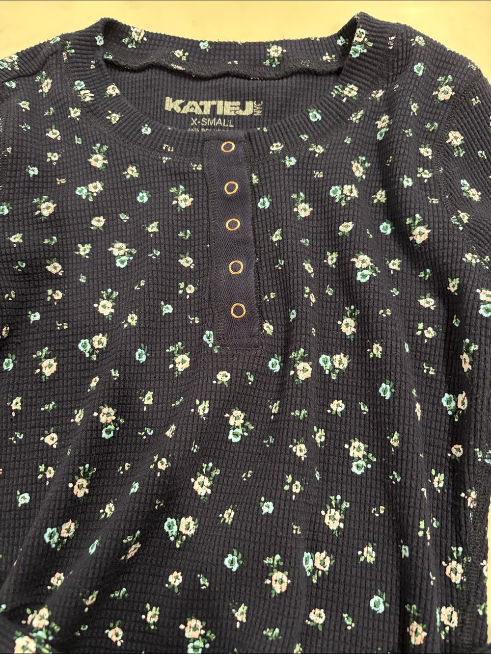 Katie J NYC Black Floral Henley Top